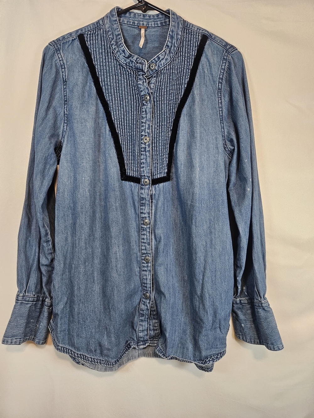 Free People Light Blue Denim Button-Up Shirt with Pintuck Yoke